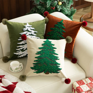 Classic Christmas Tree Throw Pillow Set Embroidered Holiday Design with Pom Pom Accents