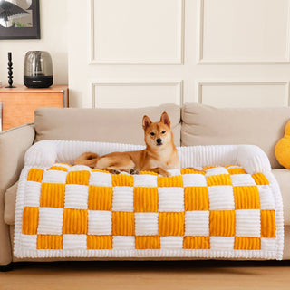 Cream Square Plaid Cozy Dog Mat Furniture Protector Cover