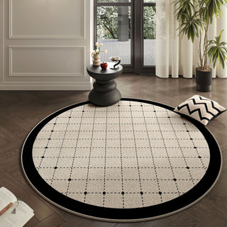 Easy Clean Rug Ivory Check Grid Noir Spillproof Pet-Friendly Chic Living Room Plush Round Rug