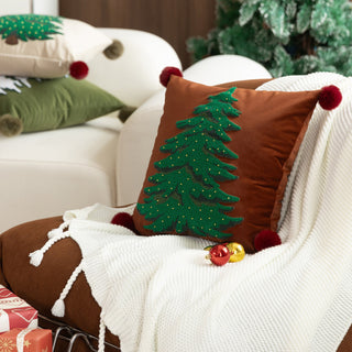 Classic Christmas Tree Throw Pillow Set Embroidered Holiday Design with Pom Pom Accents