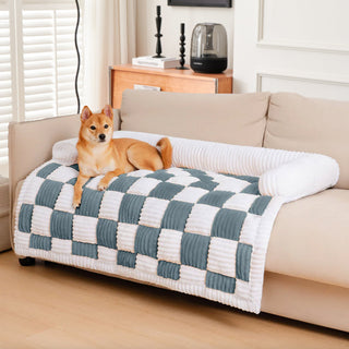 Cream Square Plaid Cozy Dog Mat Furniture Protector Cover