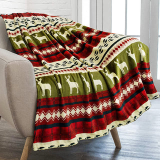 Super Soft Reindeer Plush Throw Cozy Holiday Blanket with Snowflakes & Red Accents