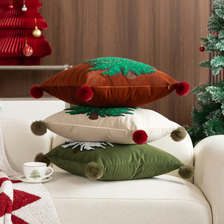 Classic Christmas Tree Throw Pillow Set Embroidered Holiday Design with Pom Pom Accents