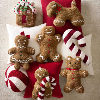 Cozy Gingerbread House Pillow with Candy Cane Pom-Pom Gumdrops and Holiday Accents