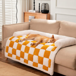 Cream Square Plaid Cozy Dog Mat Furniture Protector Cover